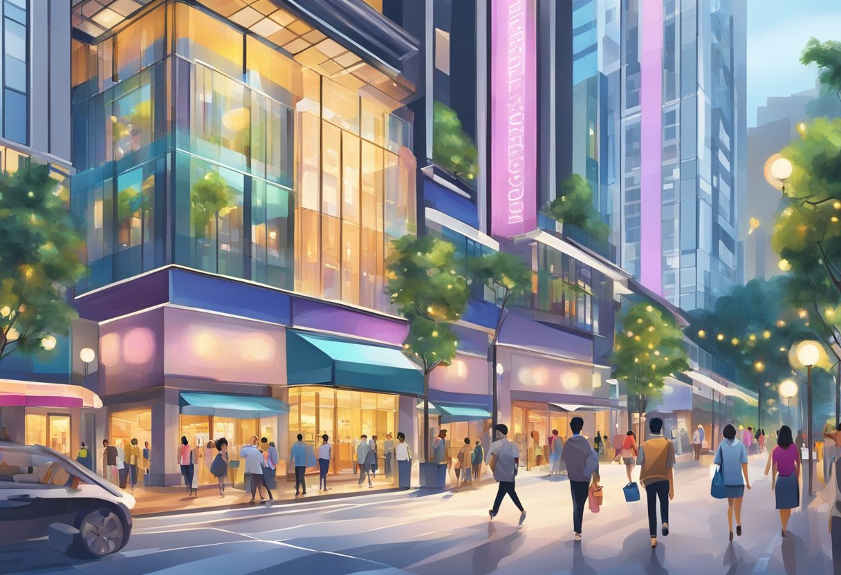 People stroll past luxury shops on Orchard Road, Singapore, surrounded by vibrant lights and towering buildings