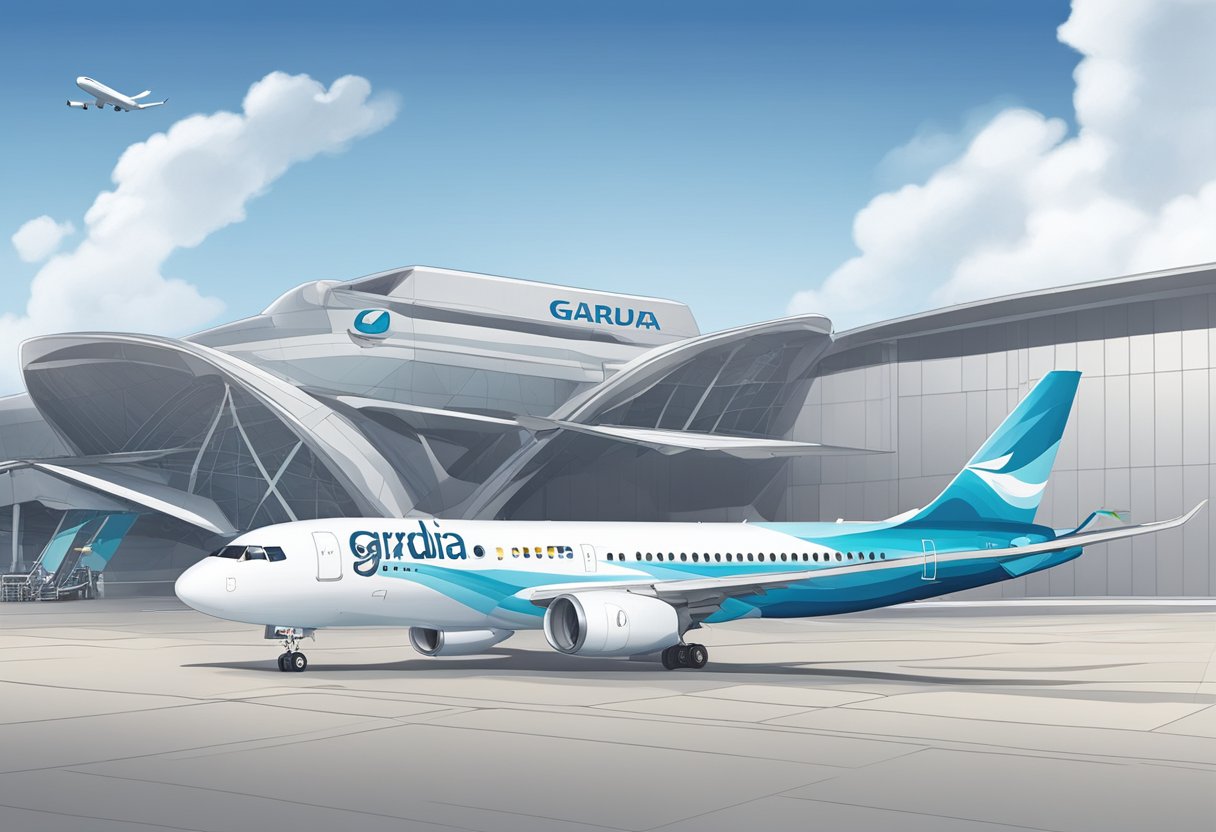 Garuda Airlines Singapore: A sleek, modern airplane parked at the airport gate, with the airline's logo prominently displayed on the tail