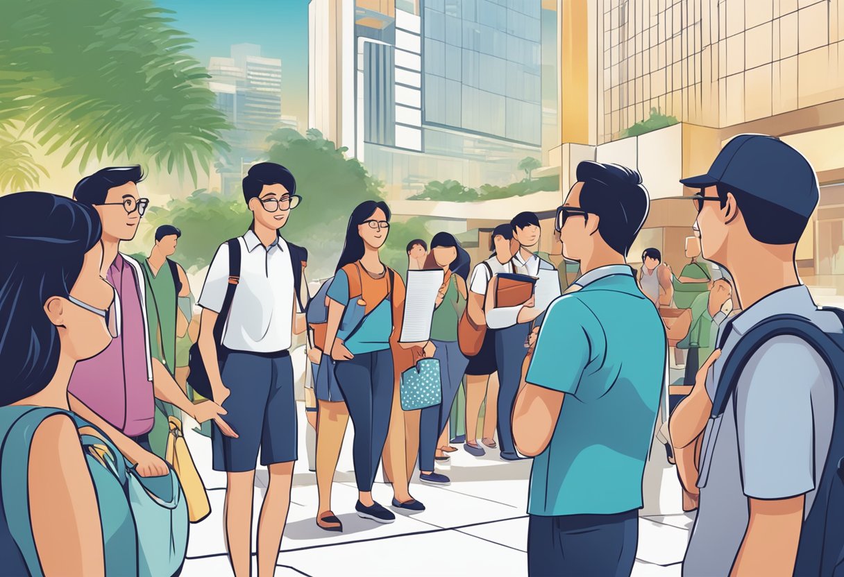 A stack of FAQ brochures with the Goelia Singapore logo, surrounded by a diverse group of tourists asking questions