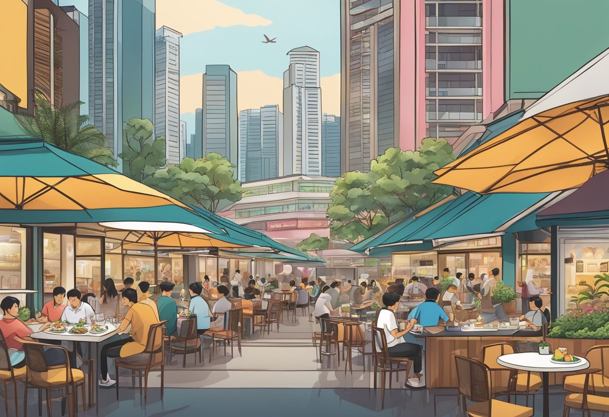 A bustling array of Singaporean restaurants, each with a unique view of the city's skyline and diverse culinary offerings