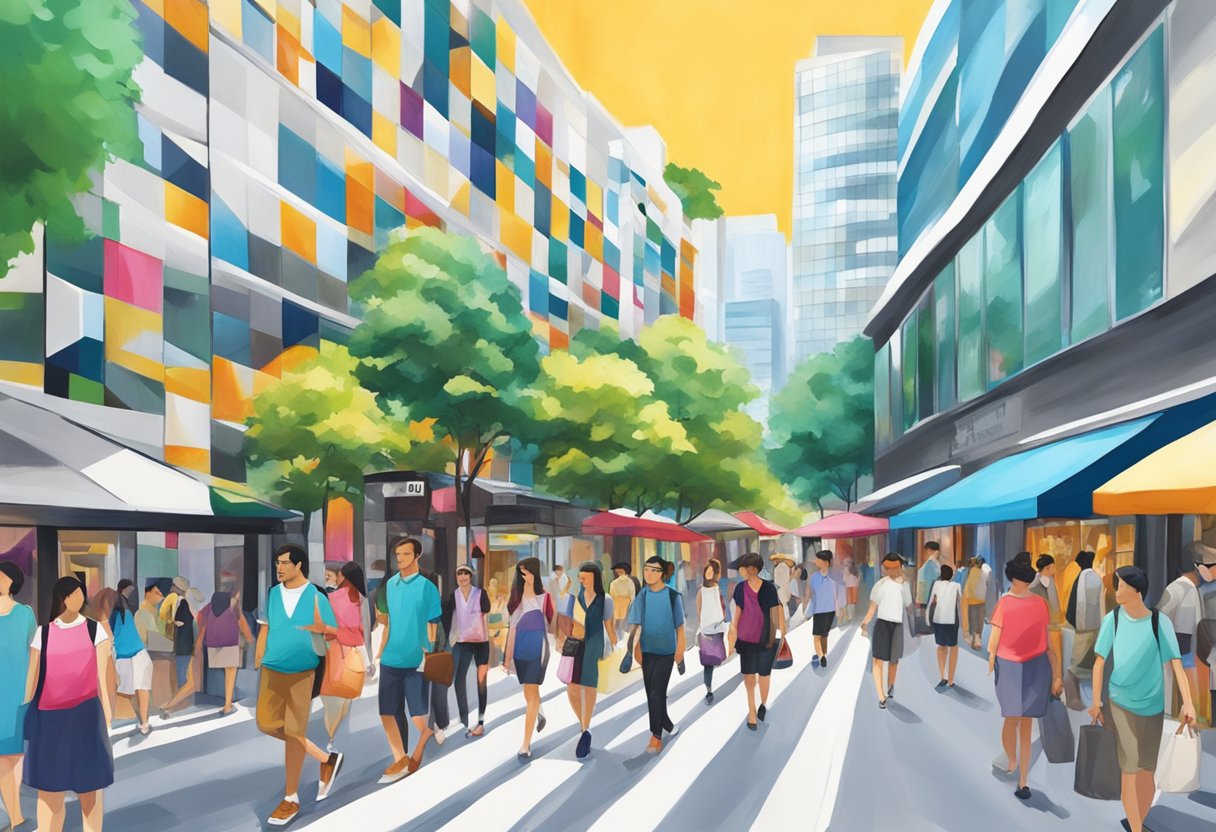 People strolling past luxury shops and vibrant street art on Orchard Road, Singapore