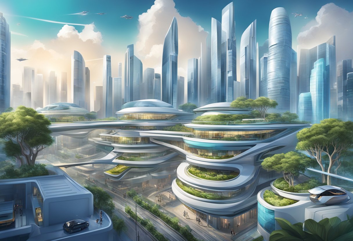 A futuristic cityscape with high-tech buildings and innovative design elements, showcasing the contributions of Singapore's vogue and fashion industry