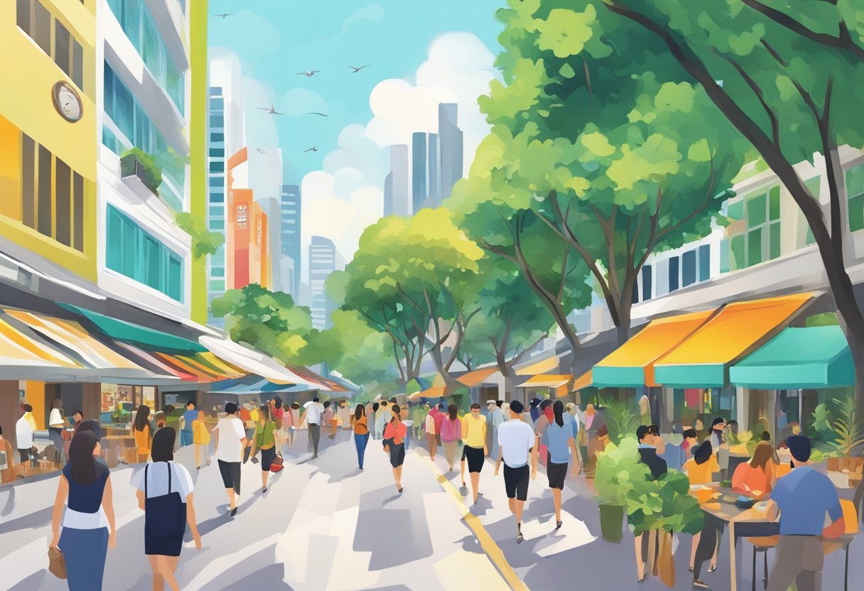 People strolling, shopping, and dining along Orchard Road in Singapore, with colorful buildings and lush greenery lining the bustling street