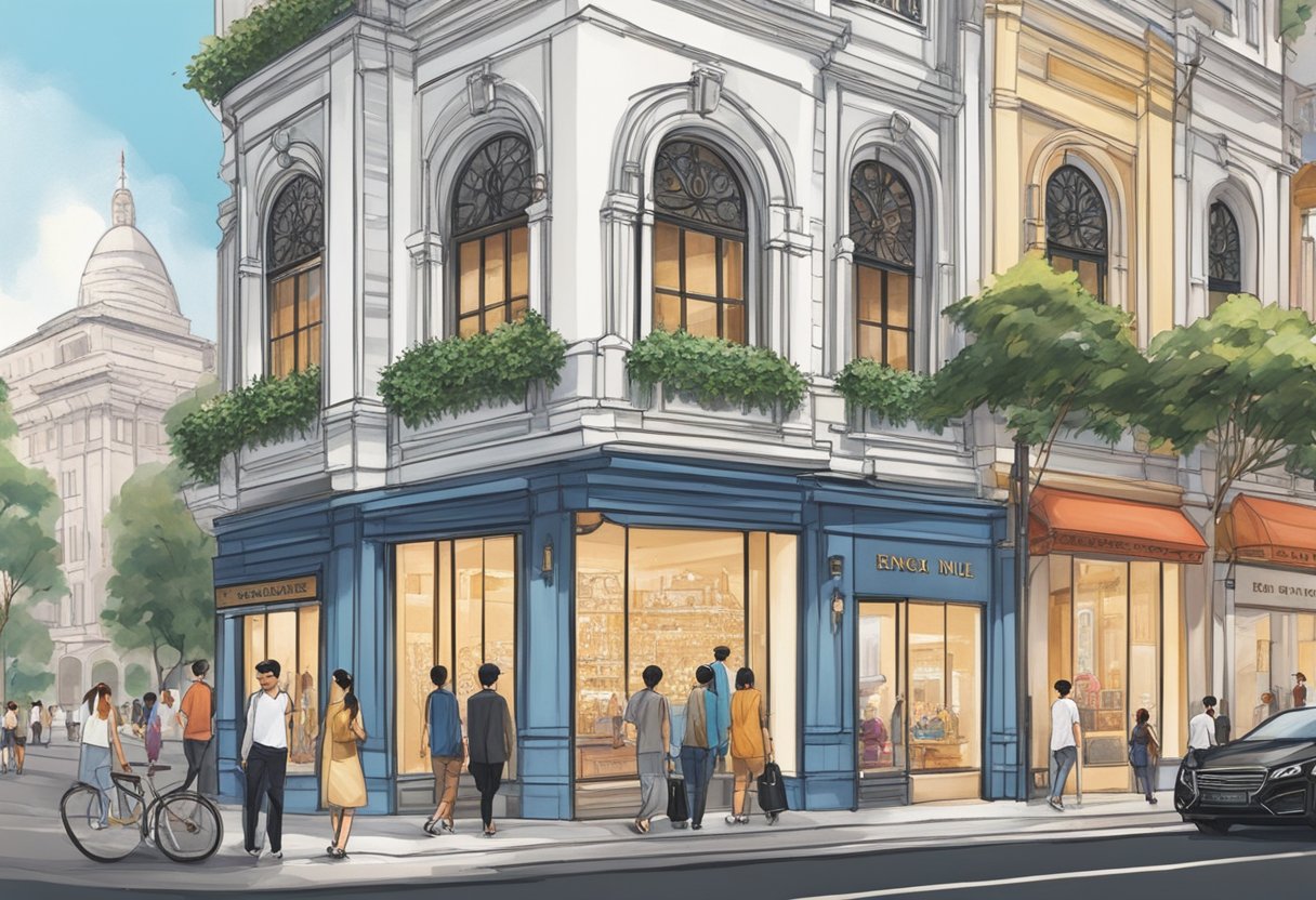 A bustling Singapore street with Franck Muller's boutique standing out with its elegant facade and vibrant window displays. Pedestrians admire the luxury timepieces showcased, while the city's iconic skyline looms in the background