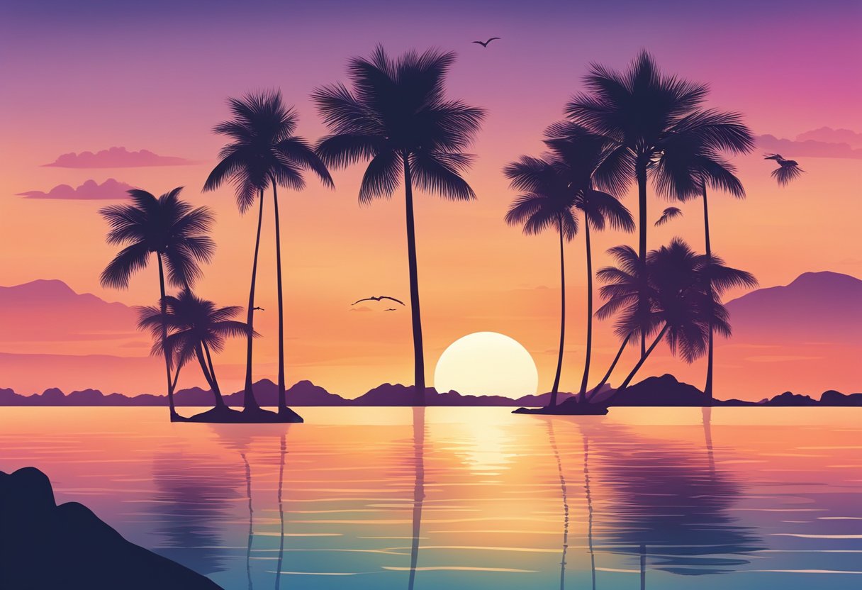 Sunset over Sentosa Island, with palm trees silhouetted against the colorful sky and a calm sea reflecting the fading light