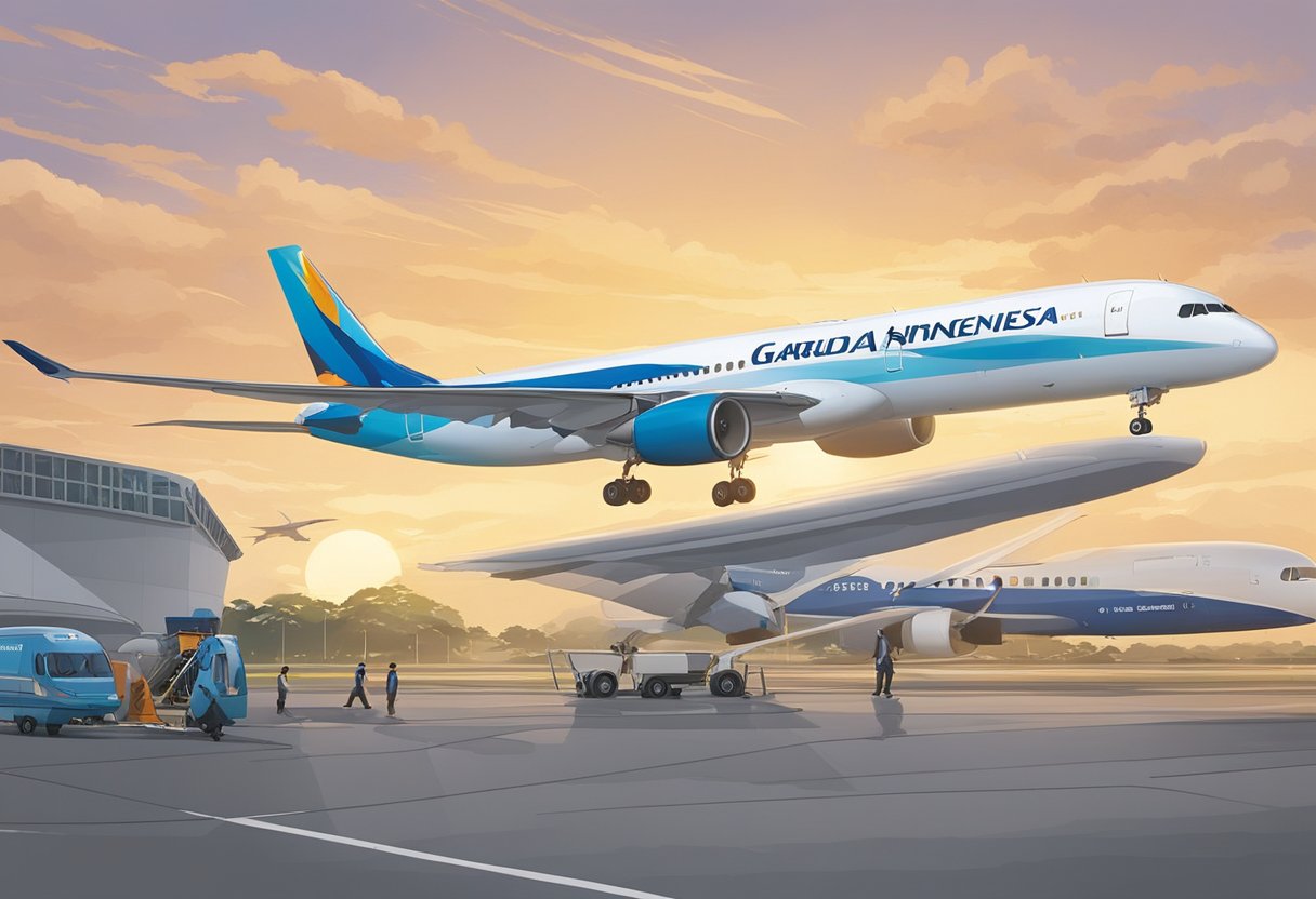 A Garuda Indonesia plane lands at Changi Airport, with ground crew unloading luggage and passengers disembarking. The iconic airline logo is prominently displayed on the aircraft's tail