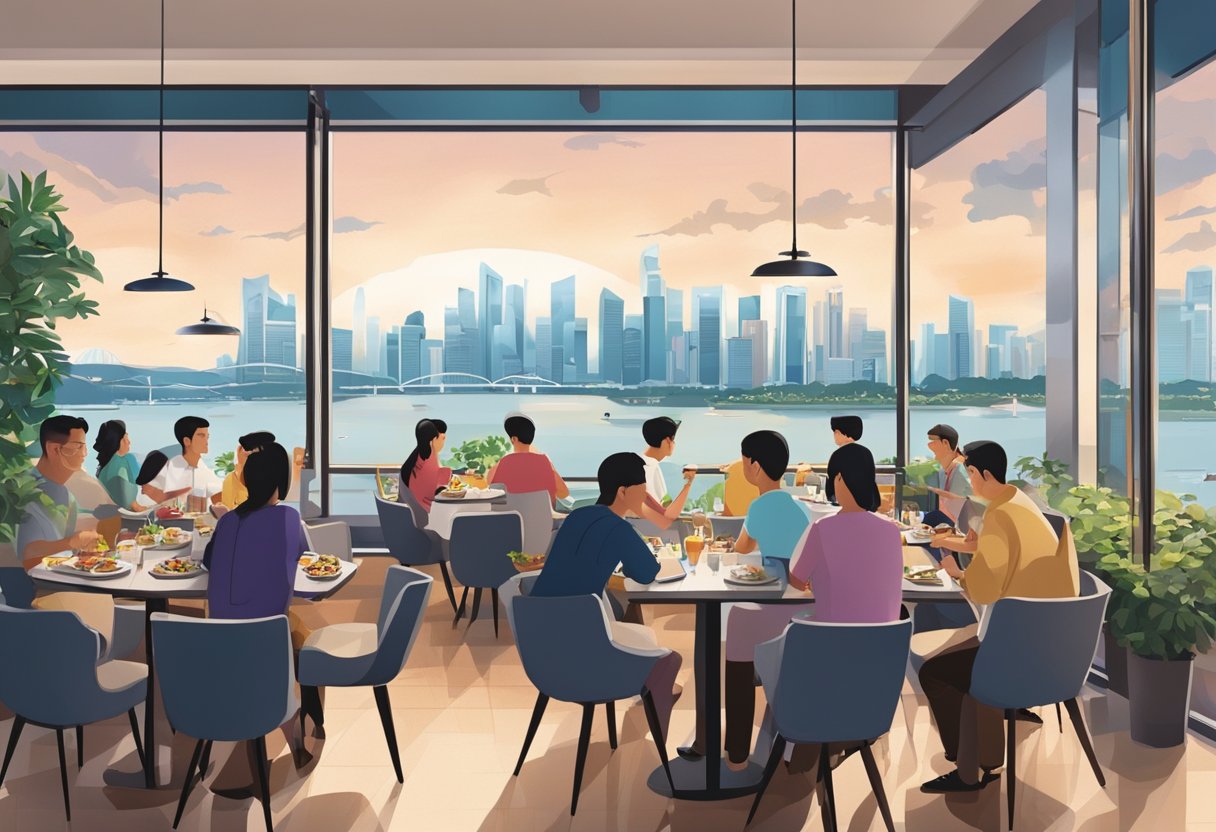 A bustling restaurant with panoramic views of Singapore's skyline, diners enjoying their meals while taking in the breathtaking cityscape