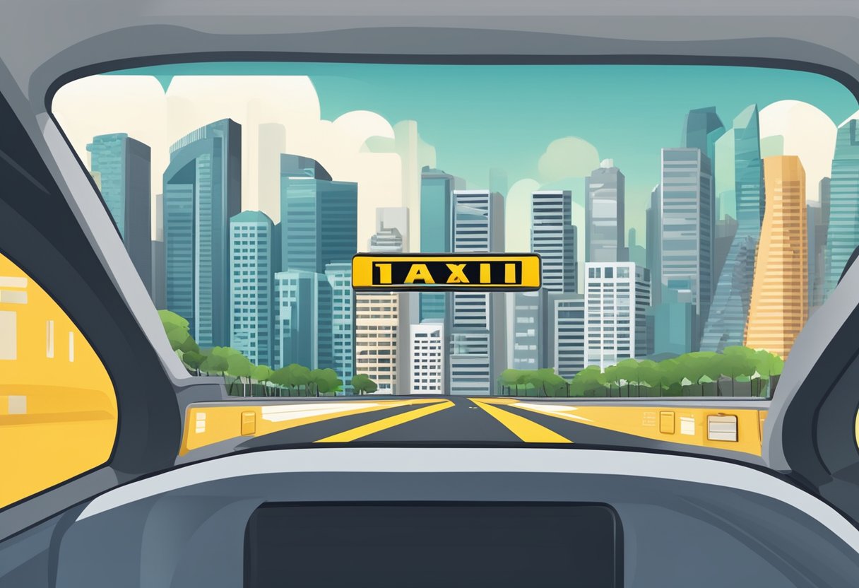 A taxi meter displaying the fare amount in Singapore currency, with the city skyline visible through the window