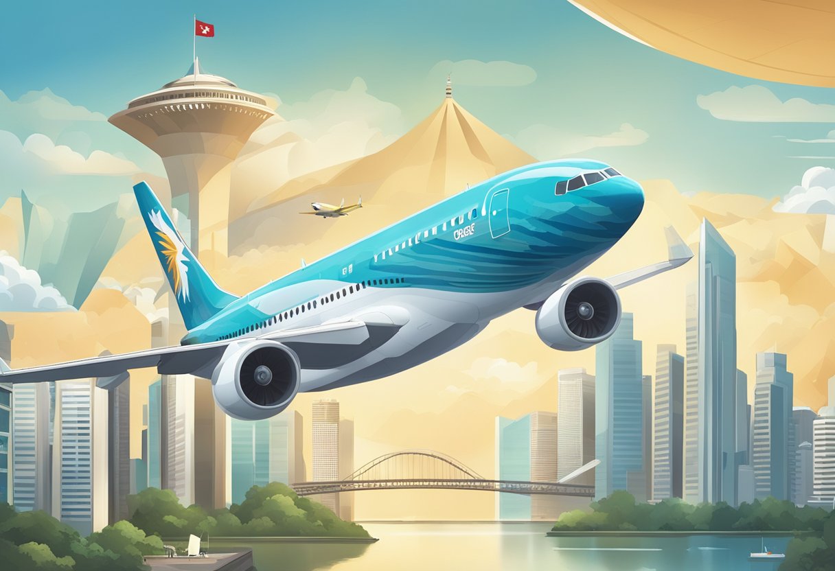 Garuda Airlines plane flying over iconic landmarks in Singapore and Indonesia, with a focus on connecting the two countries through air travel