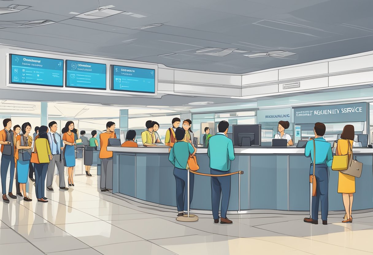 A customer service desk with a sign "Frequently Asked Questions Garuda Airlines Singapore" and a line of people waiting for assistance