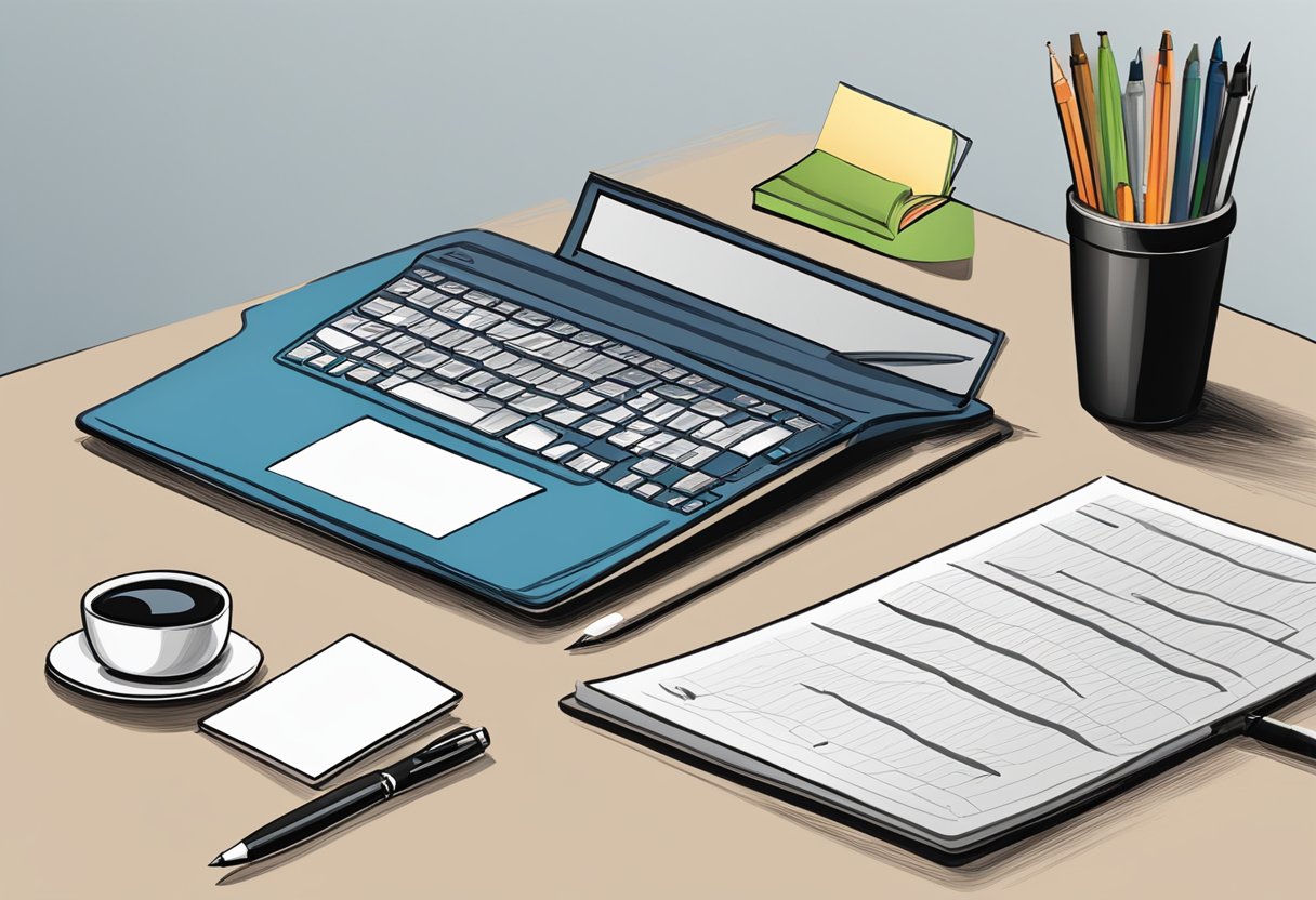 A table with a laptop, pen, and notepad. A sign with "Frequently Asked Questions" and "franck muller singapore" displayed