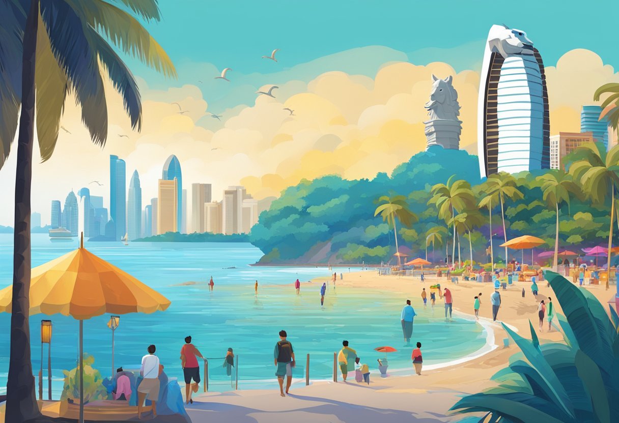 A vibrant beach with palm trees, clear blue waters, and colorful beach umbrellas. The iconic Merlion statue stands tall in the distance, overlooking the bustling island