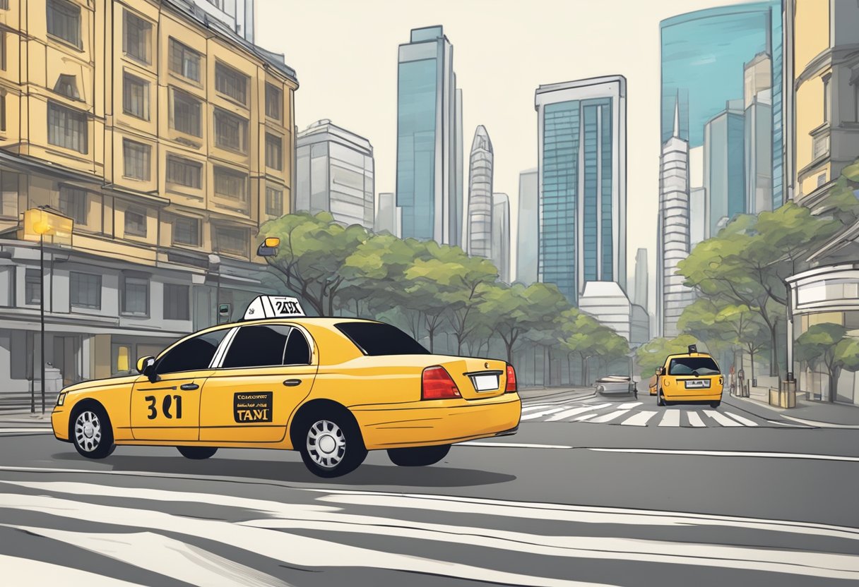 A taxi pulling up to a curb with a digital screen displaying booking options and fare rates for taxi services in Singapore