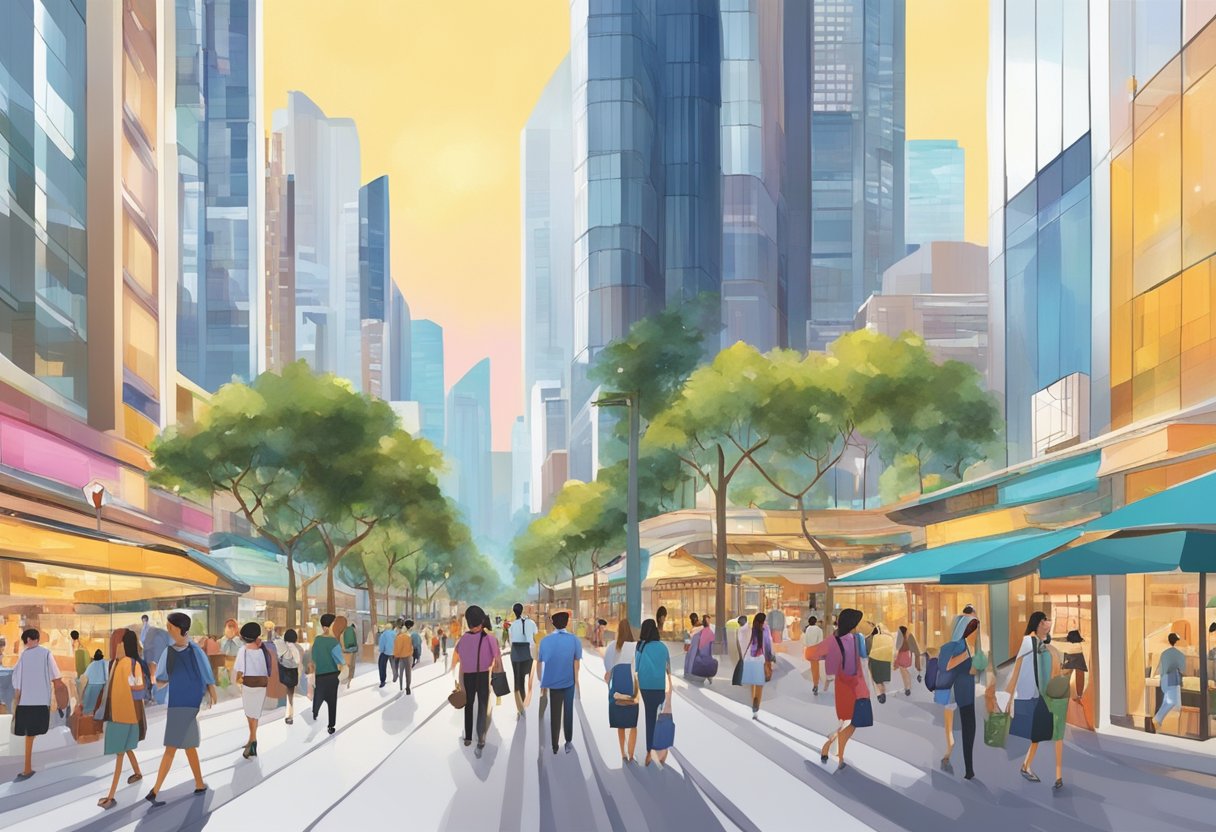 People walking along Orchard Road, surrounded by towering buildings and bright lights, with shops and restaurants lining the bustling street