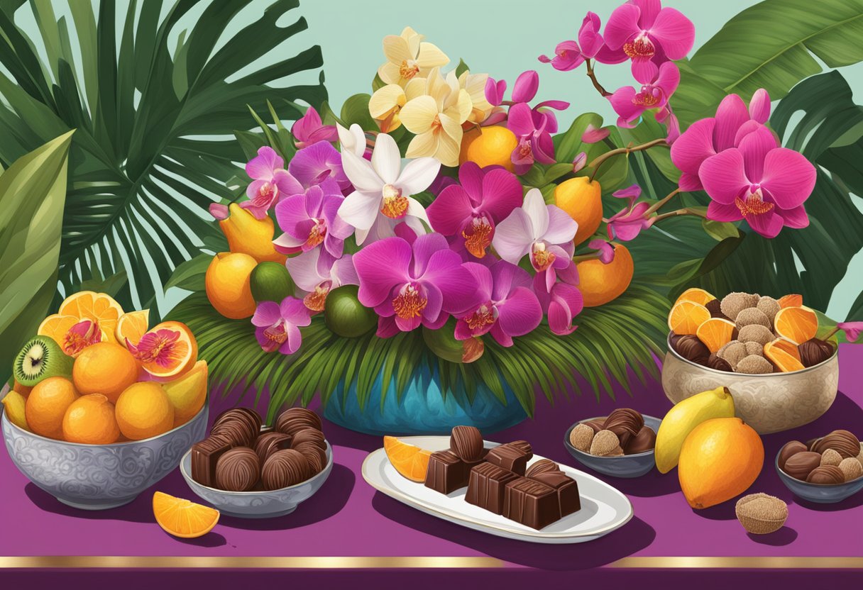 A table adorned with rich, decadent Singaporean chocolate bars and truffles, surrounded by tropical fruits and vibrant orchids