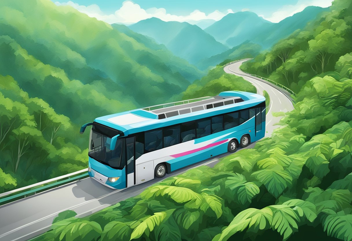 A bus travels from Singapore to Genting, passing through lush green landscapes and winding mountain roads
