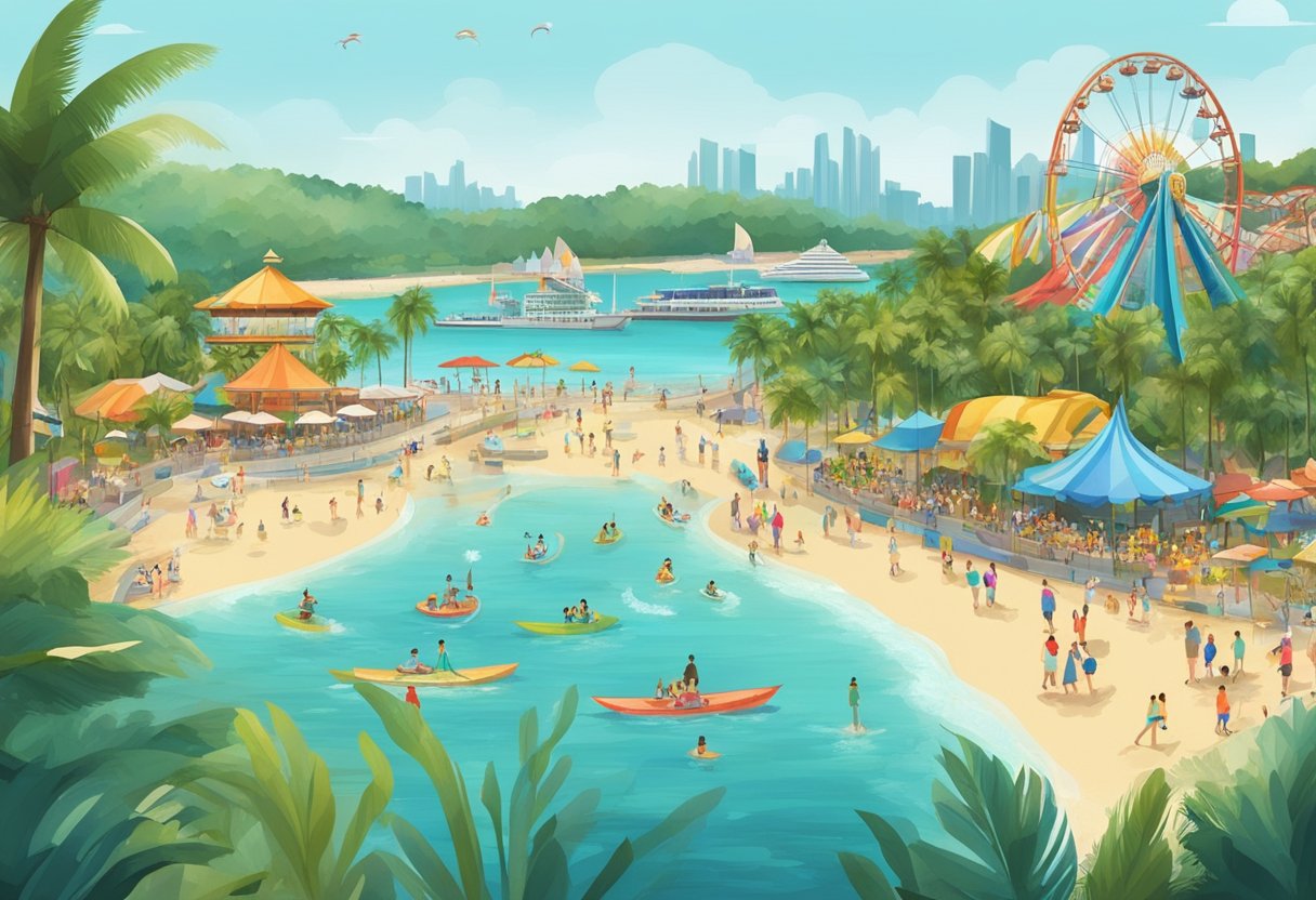 Visitors enjoying beach activities, water sports, and amusement park rides on Sentosa Island, Singapore