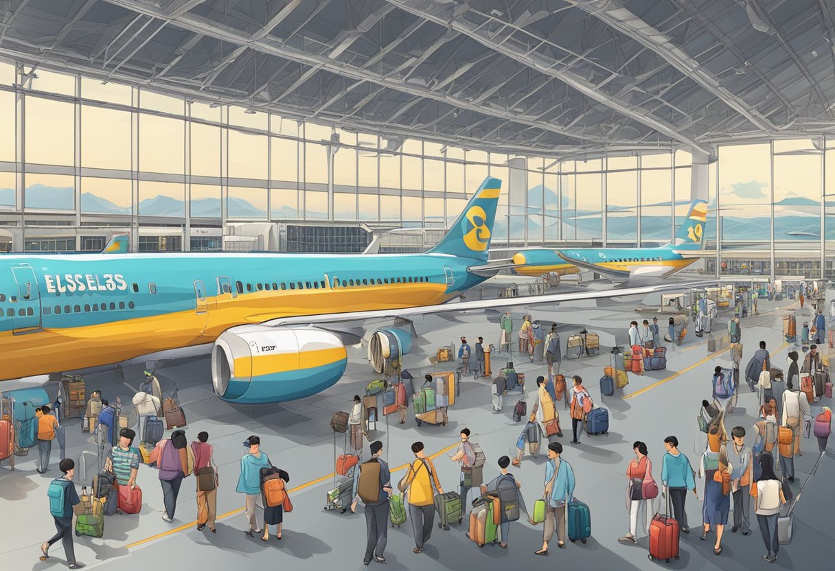 A bustling airport terminal with planes on the tarmac, luggage carts, and a mix of travelers from Singapore to Hangzhou