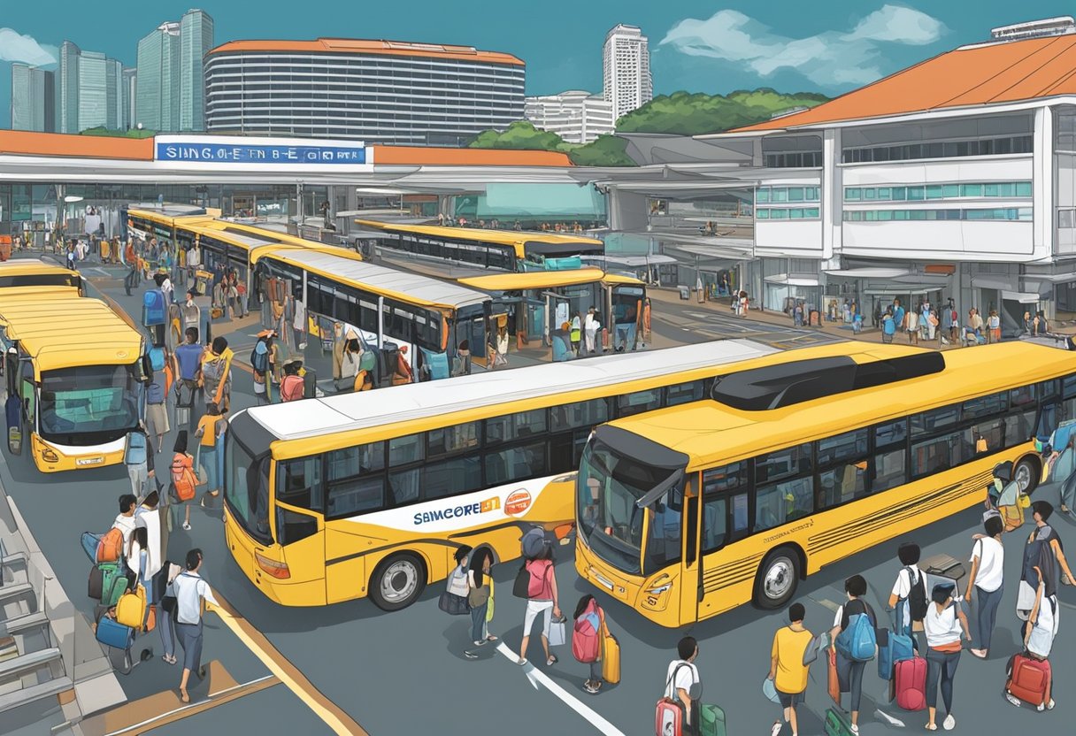 A bus parked at a bustling Singapore terminal, passengers boarding with luggage. Signage displays "Singapore to Genting" as the bus prepares to depart