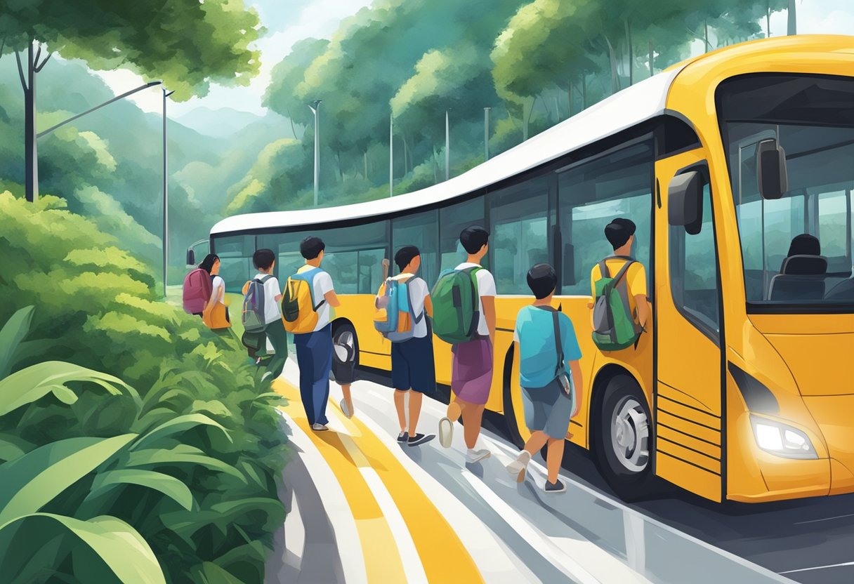 Passengers boarding a sleek bus in Singapore, luggage in hand. The bus winds through lush greenery, ascending to Genting Highlands