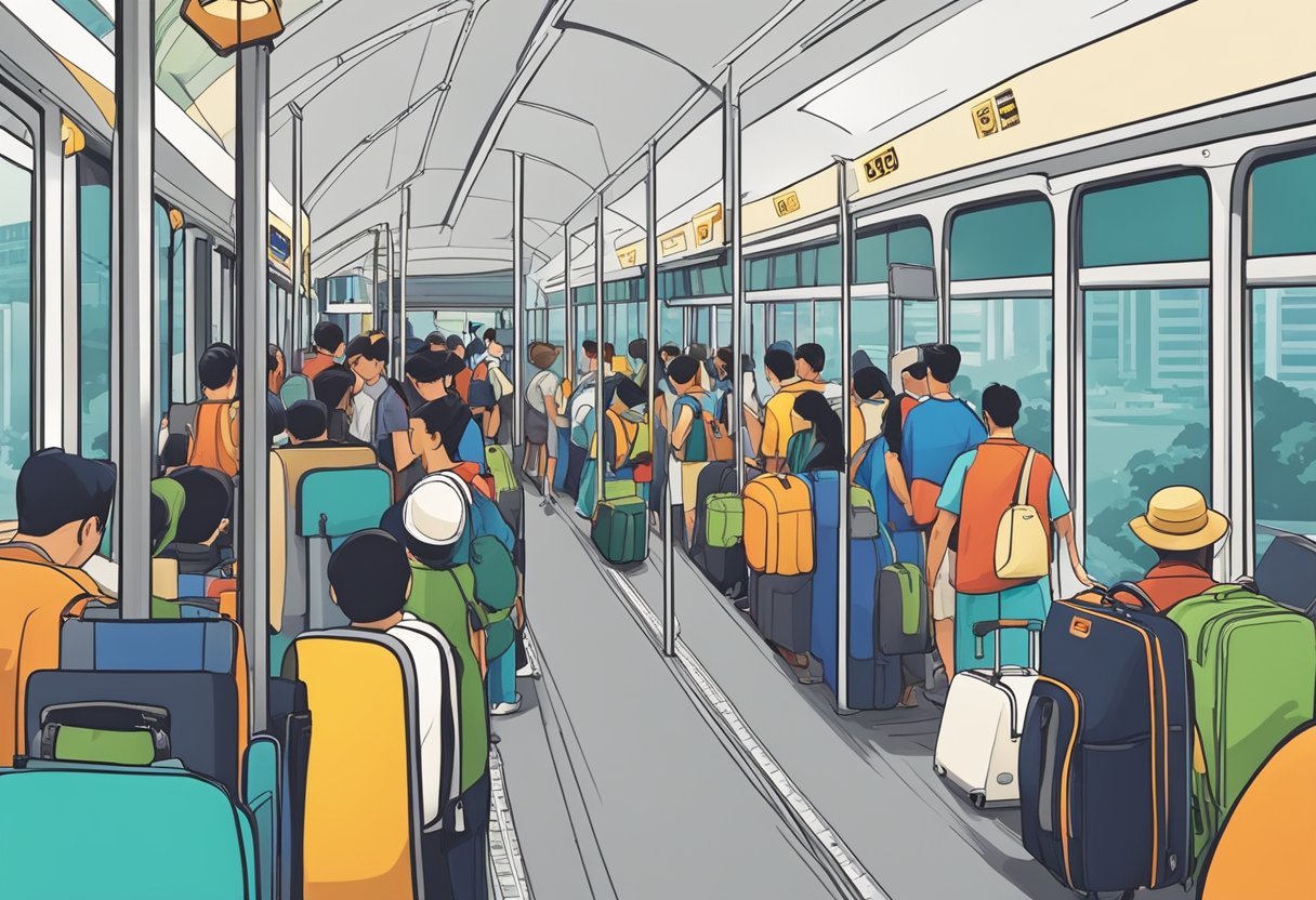 Passengers board a bus in Singapore, luggage in hand, ready for the journey to Genting. Ticket counters and waiting areas are bustling with activity