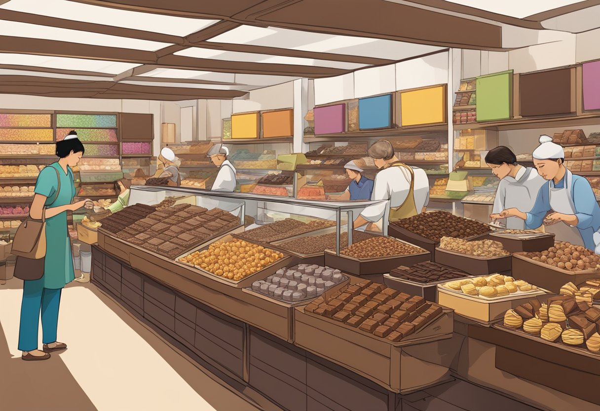 A bustling marketplace filled with colorful displays of artisanal chocolates from local Singaporean chocolatiers. Aromas of rich cocoa and sweet confections fill the air as eager customers sample and purchase their favorite treats
