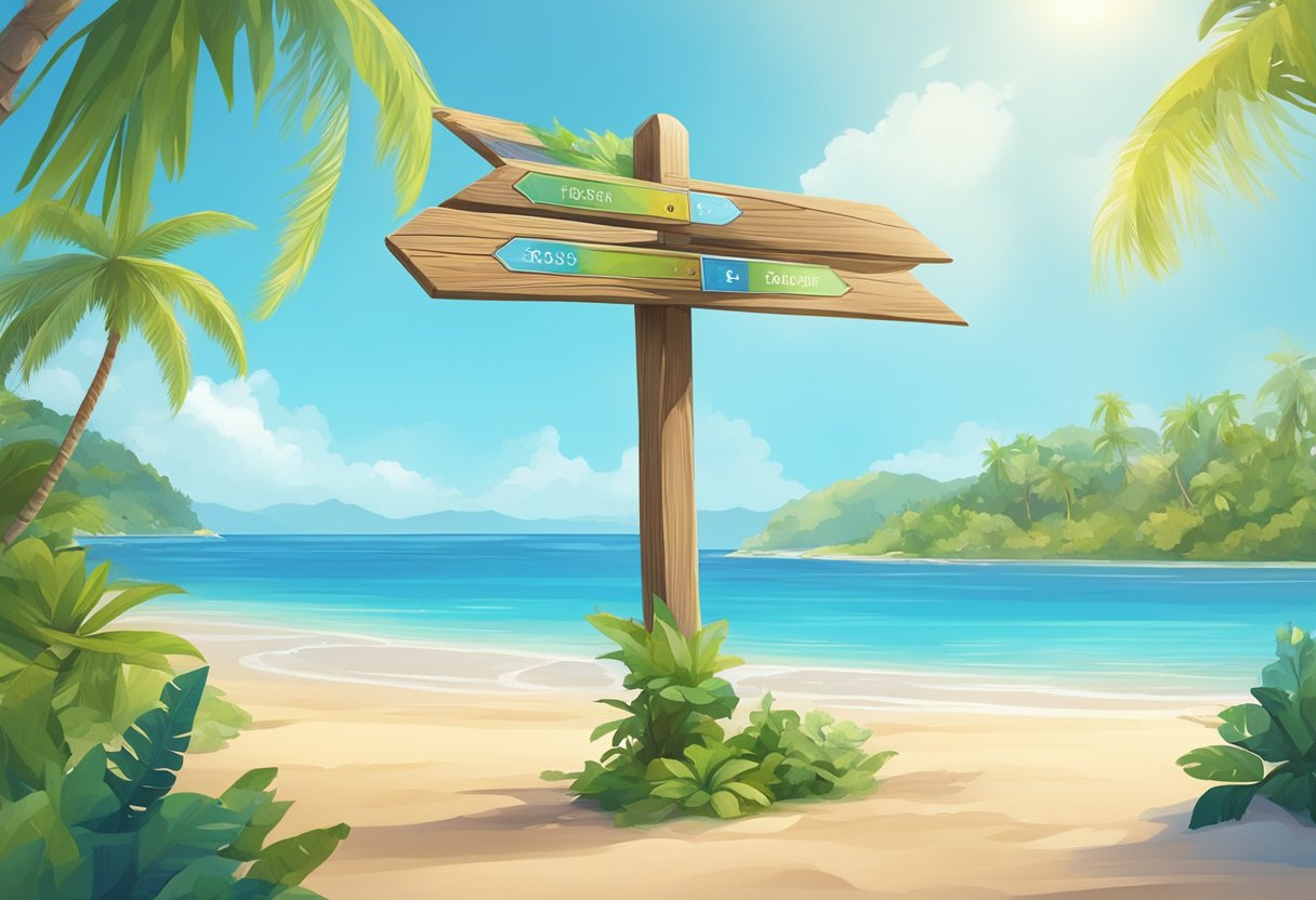 A colorful signpost stands on a pristine beach, with lush greenery in the background. Crystal clear waters and a bright blue sky complete the idyllic scene