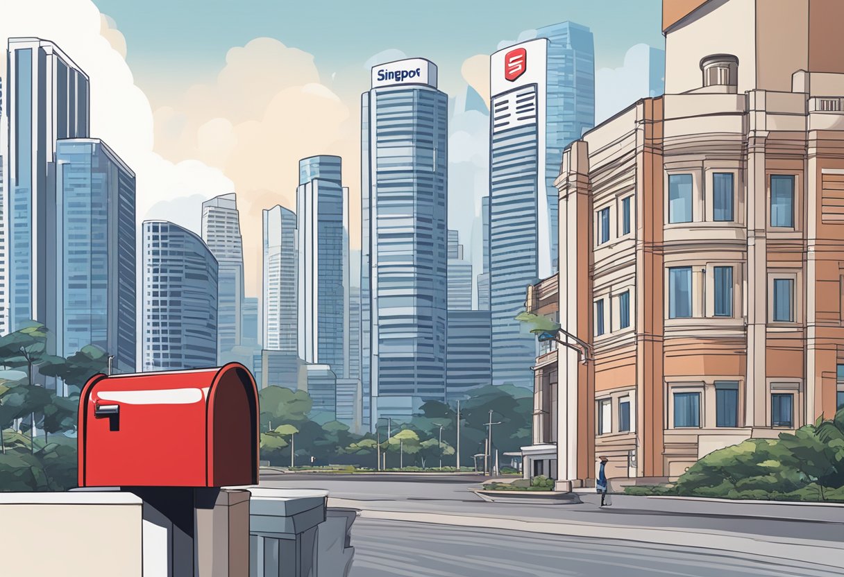 A red mailbox stands against a backdrop of modern buildings in the bustling city of Singapore. The iconic SingPost logo adorns the box, representing the country's efficient postal service
