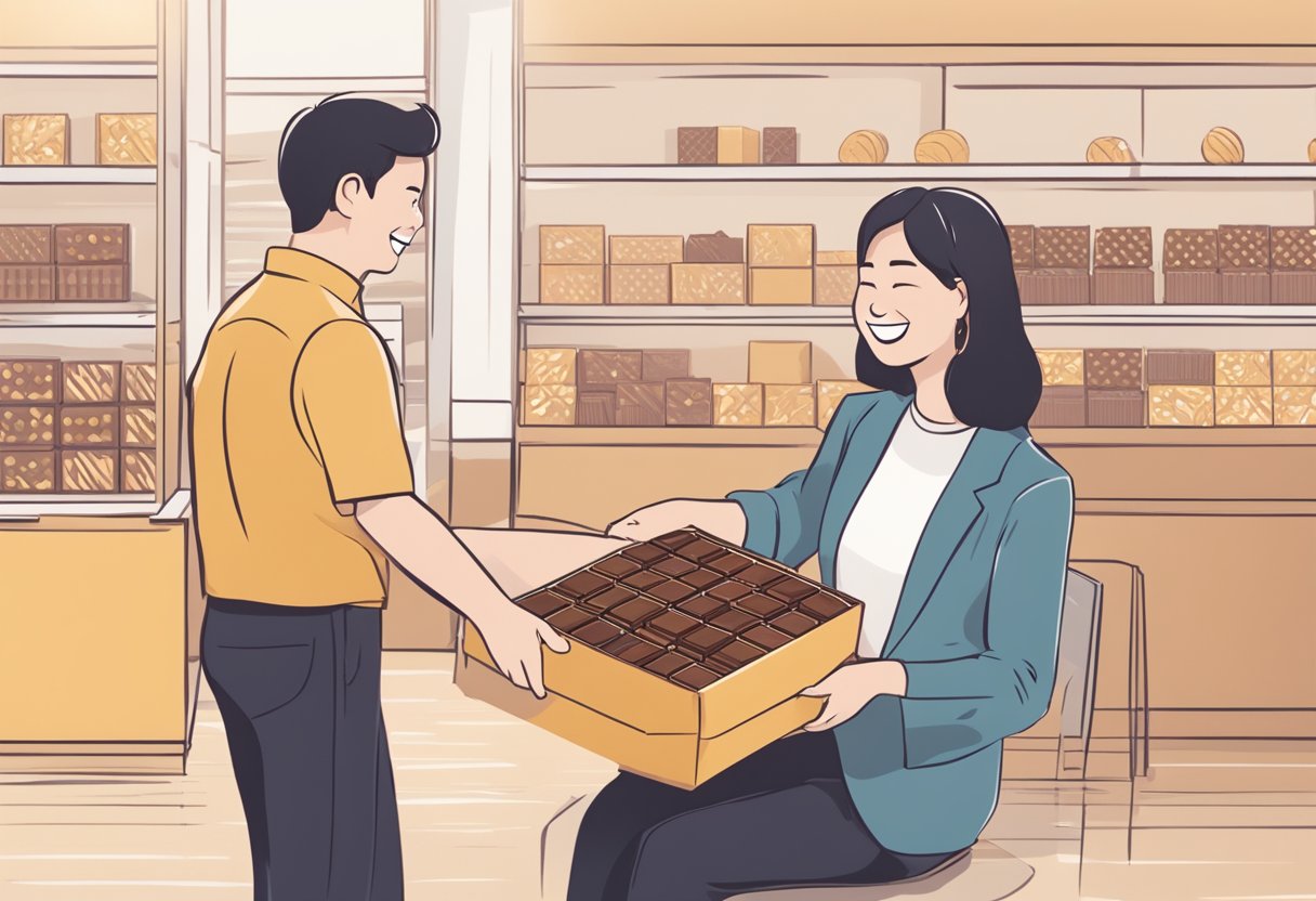 A person unwraps a box of Singaporean chocolates, smiling, and offers one to a friend
