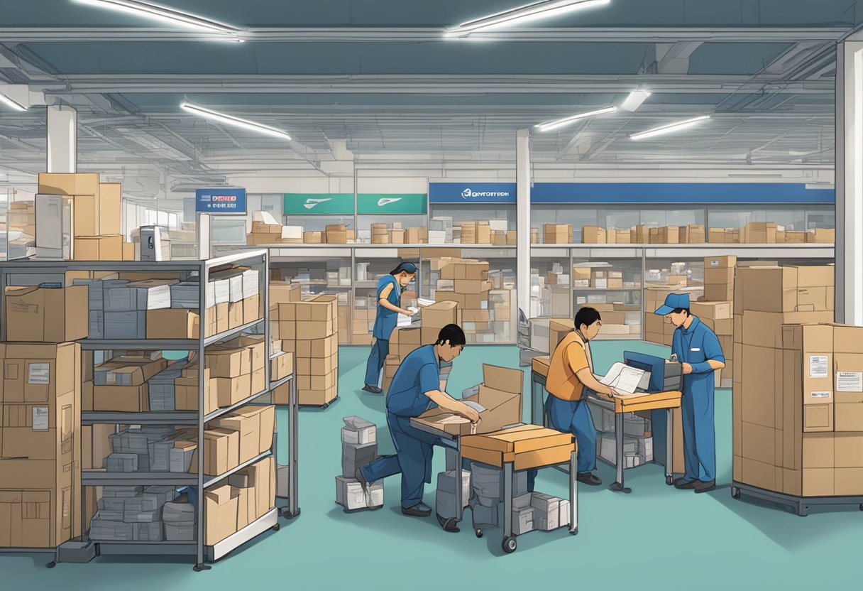 A bustling SingPost office with workers sorting mail and packages, while delivery vehicles come and go, showcasing the company's history and operations