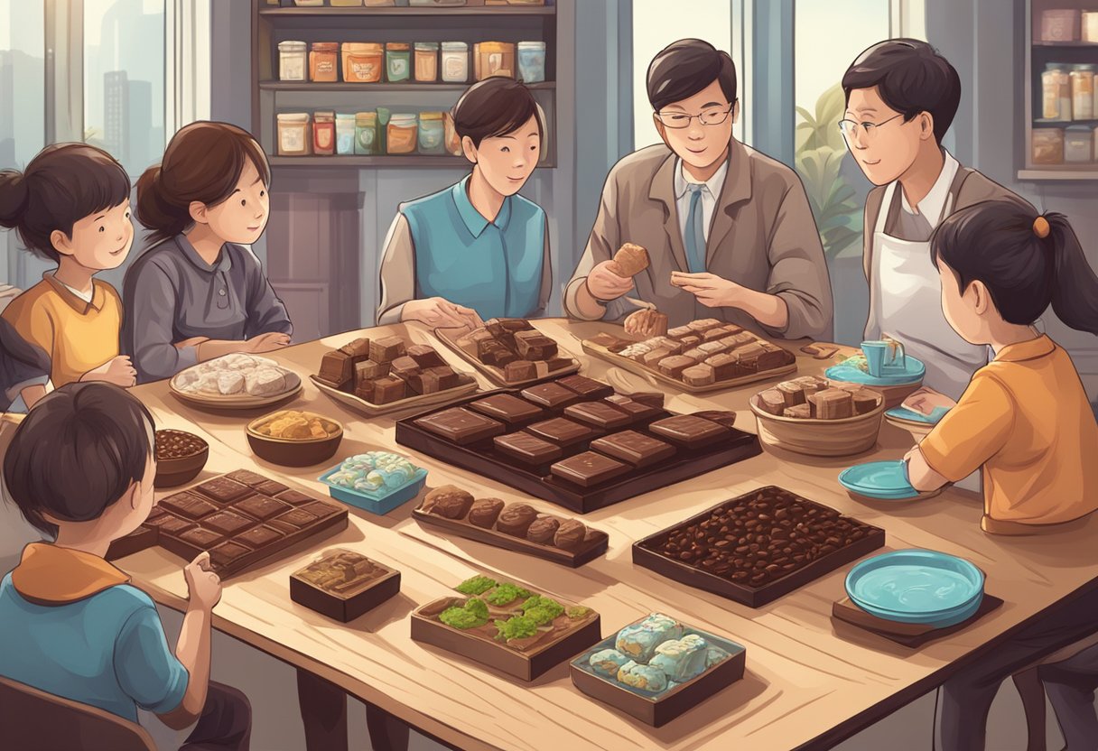 A table with various chocolate products from Singapore, surrounded by curious customers asking questions