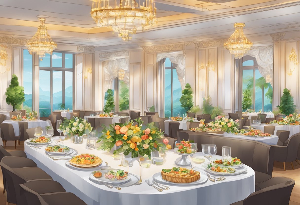 A bustling room with elegant tables, vibrant decorations, and a variety of delectable dishes being served at a small party catering Singapore
