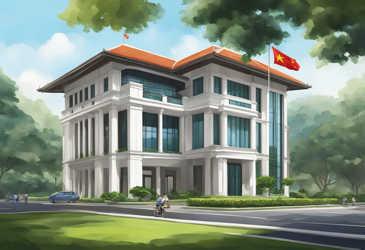 The embassy of Vietnam in Singapore is a grand and modern building with a striking architectural design, surrounded by lush green gardens and a large Vietnamese flag flying proudly in the breeze