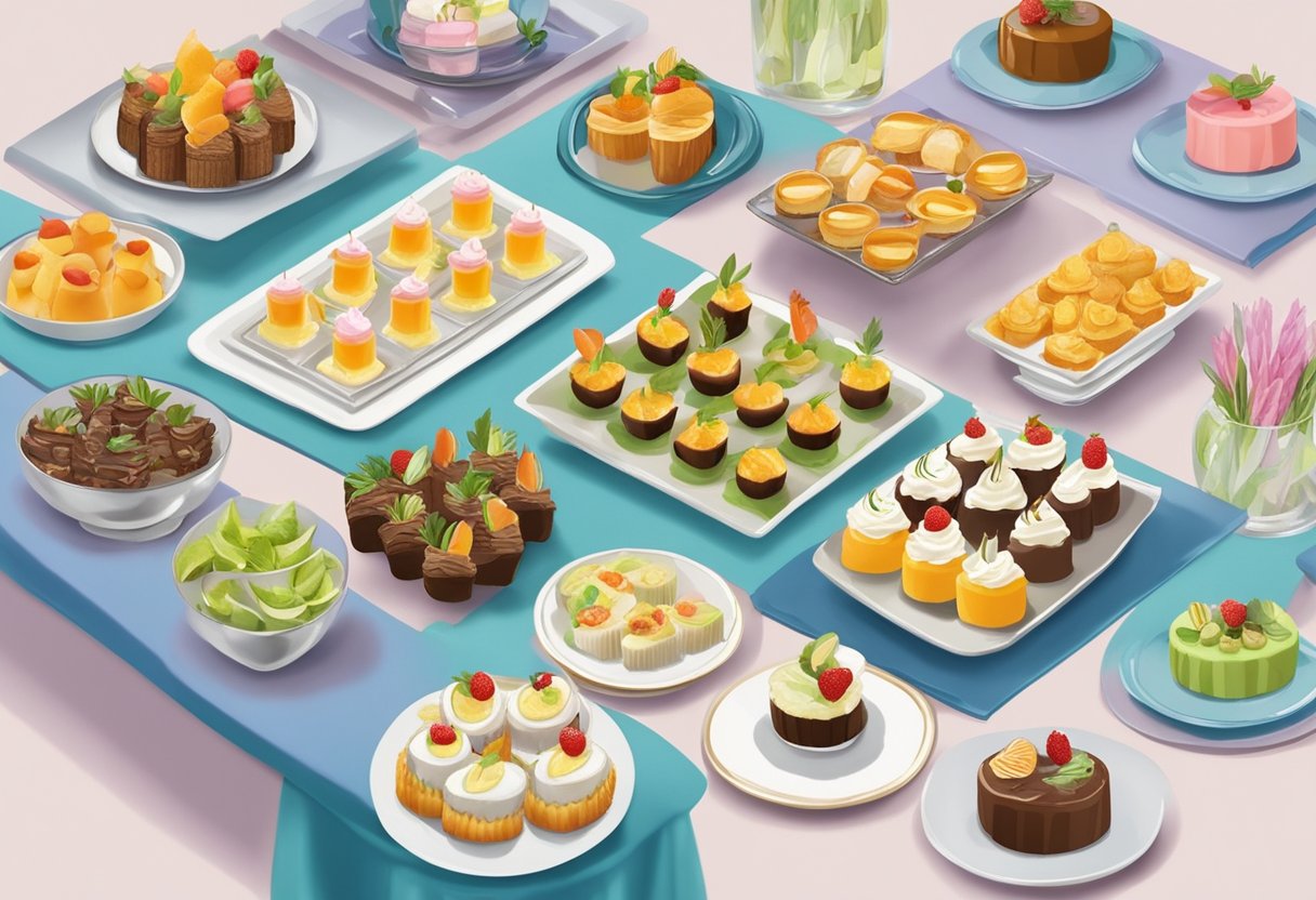 A table set with elegant small party catering options in Singapore. Delicate finger foods and colorful desserts displayed on decorative platters