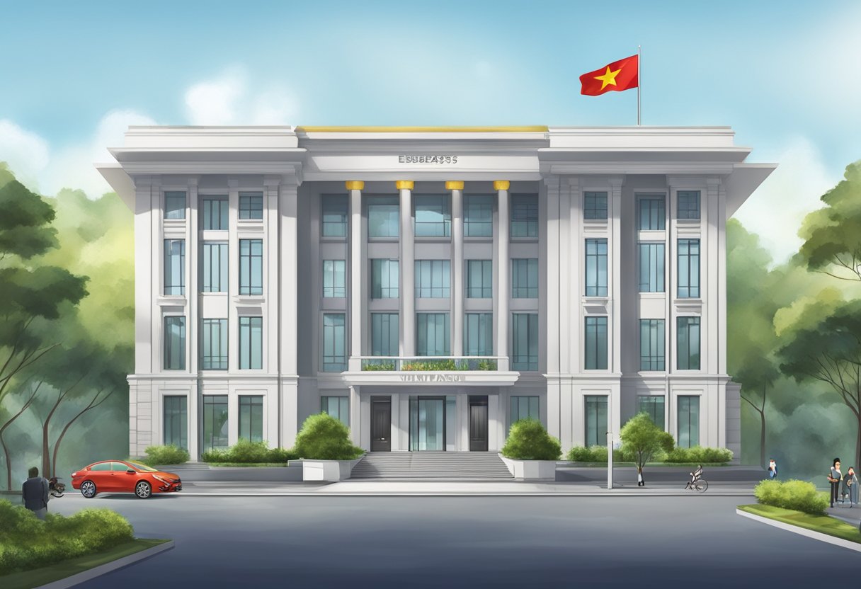The embassy of Vietnam in Singapore, with a prominent sign and flag, has a modern and professional appearance