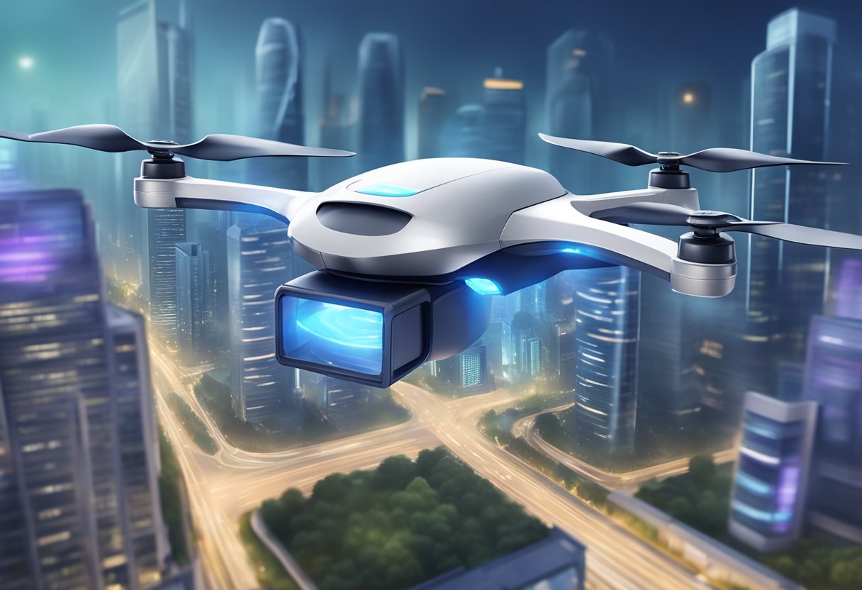A futuristic SingPost delivery drone hovers over a cityscape, with innovative technologies and services displayed in the background