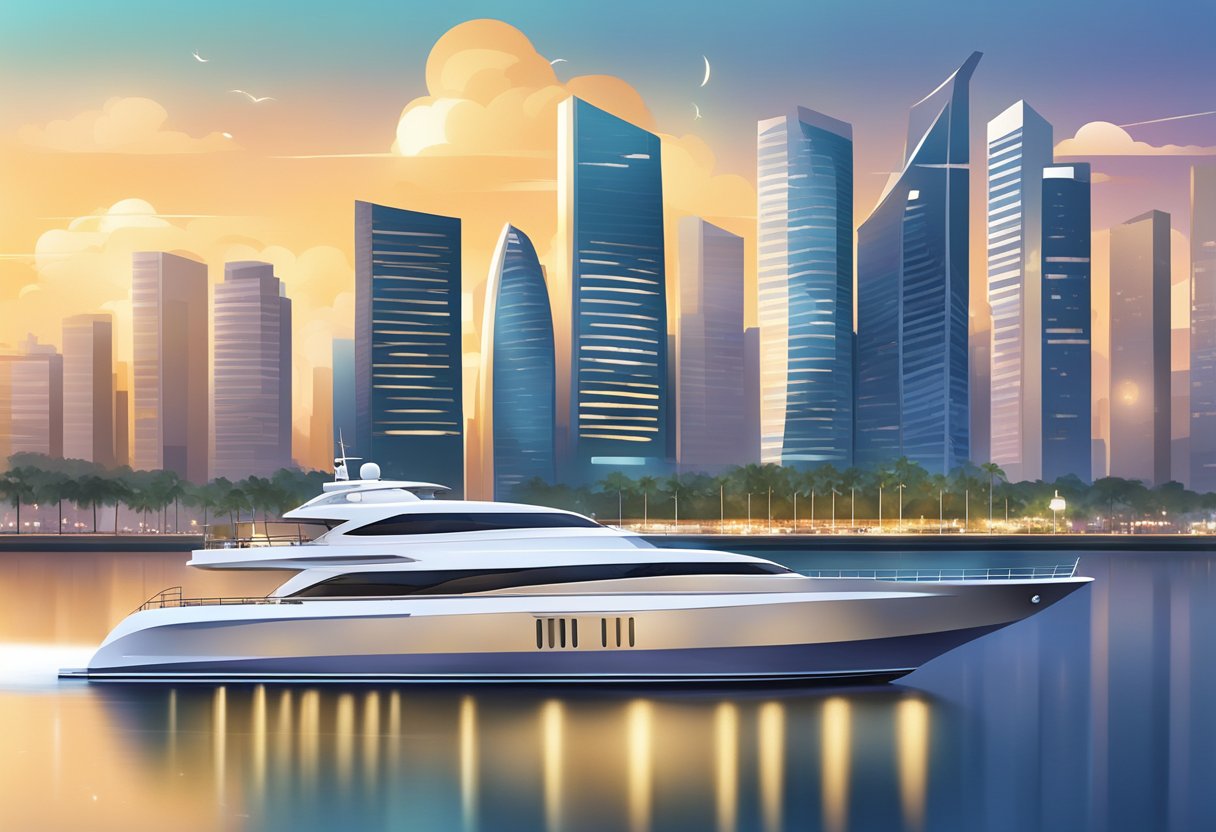 A sleek yacht cruises through the sparkling waters of Singapore's marina, with the iconic city skyline in the background