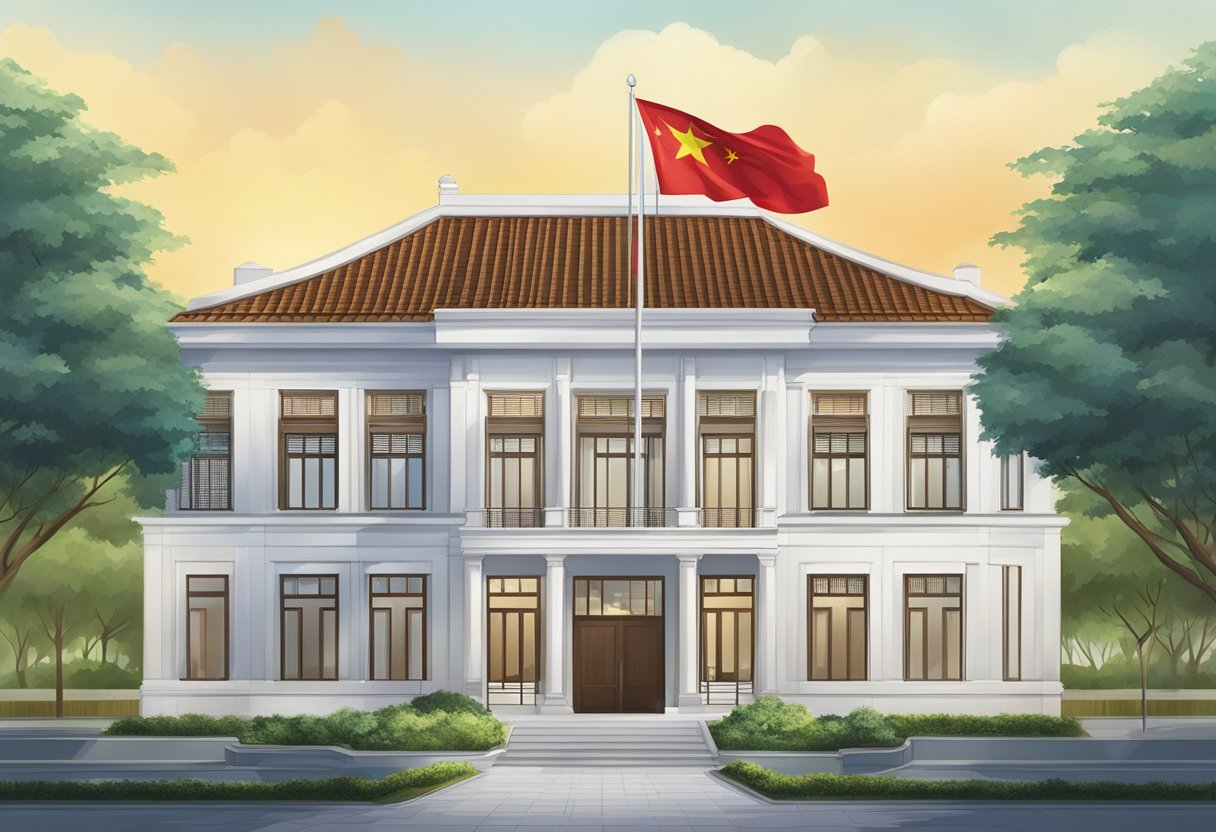 The embassy of Vietnam in Singapore is adorned with both countries' flags, symbolizing strong diplomatic relations and representation