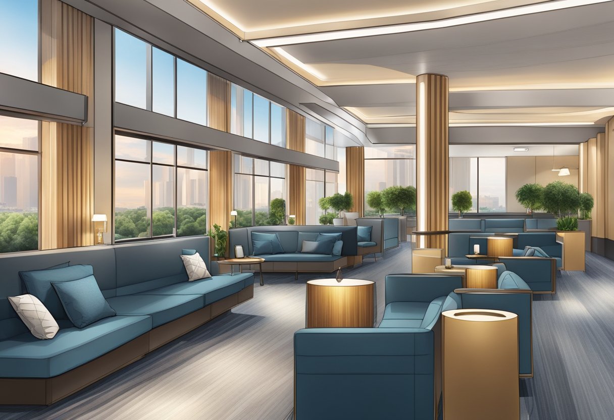 The sleek and modern interior of the Ambassador Transit Hotel in Terminal 2, Singapore, with comfortable seating, soft lighting, and a peaceful ambiance