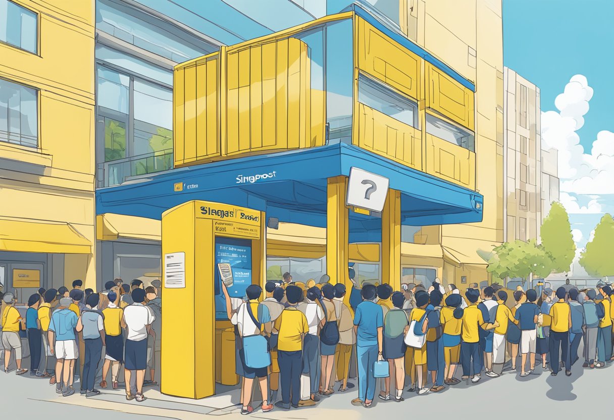 A bright yellow singpost stands tall against a clear blue sky, with a crowd of people gathered around it, reading the frequently asked questions displayed on the sign