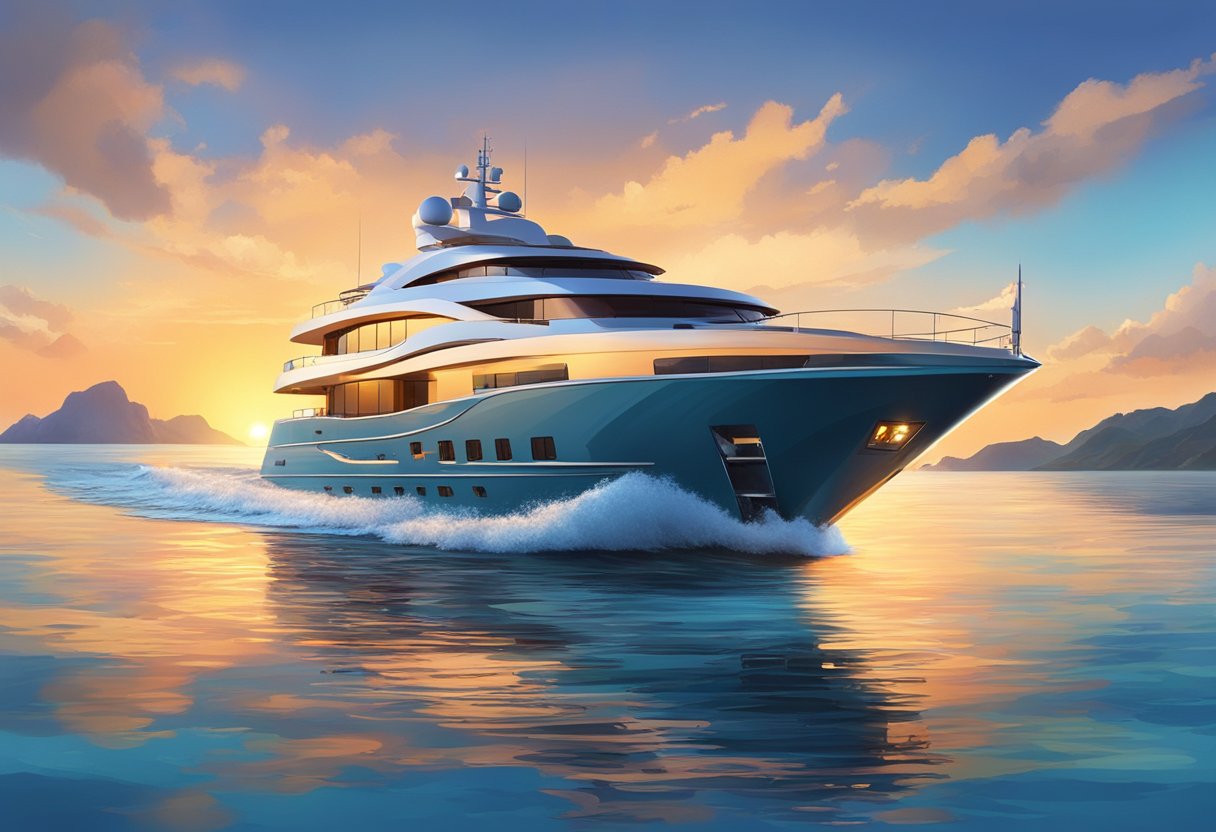 A luxurious yacht glides through crystal-clear waters, surrounded by picturesque islands and a vibrant sunset on the horizon