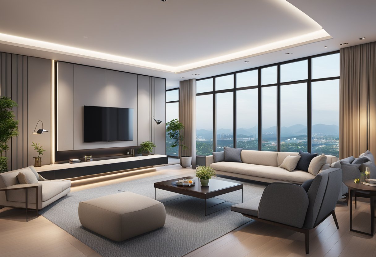 A sleek and modern living room in Singapore, with automated lighting, climate control, and security features