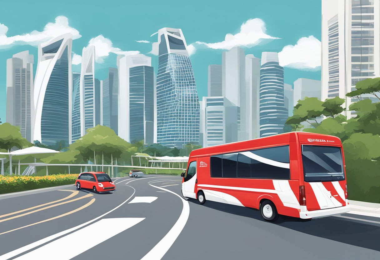 A red and white Speedpost van speeds through the bustling streets of Singapore, with iconic landmarks like the Marina Bay Sands and Gardens by the Bay in the background