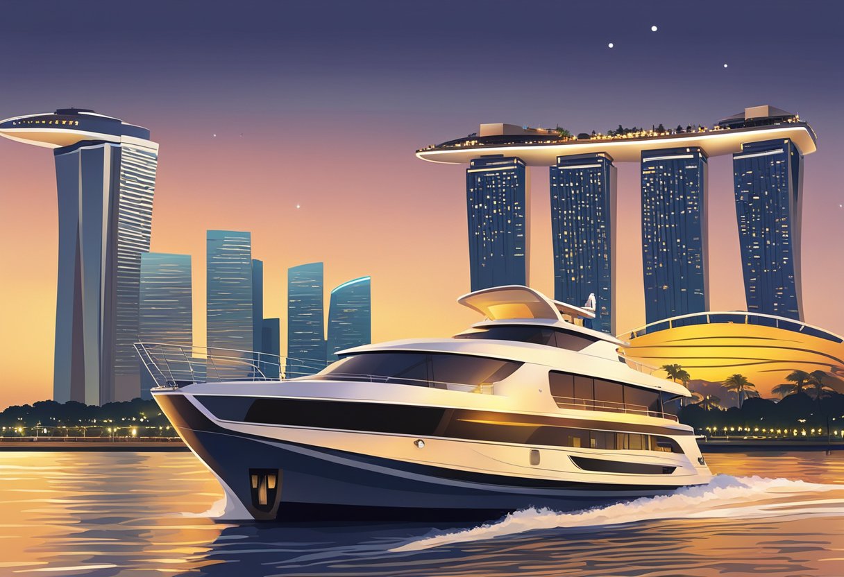 The yacht glides through the sparkling waters of Singapore, with the city skyline in the background. The sun sets behind the iconic Marina Bay Sands, casting a warm glow over the luxurious vessel