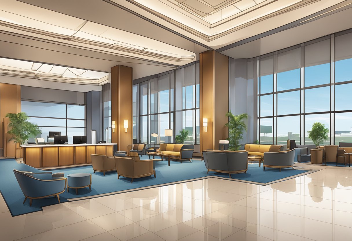 The hotel lobby is spacious and modern, with sleek furniture and a calming color scheme. Large windows offer a view of the airport terminal, and guests can be seen checking in at the reception desk