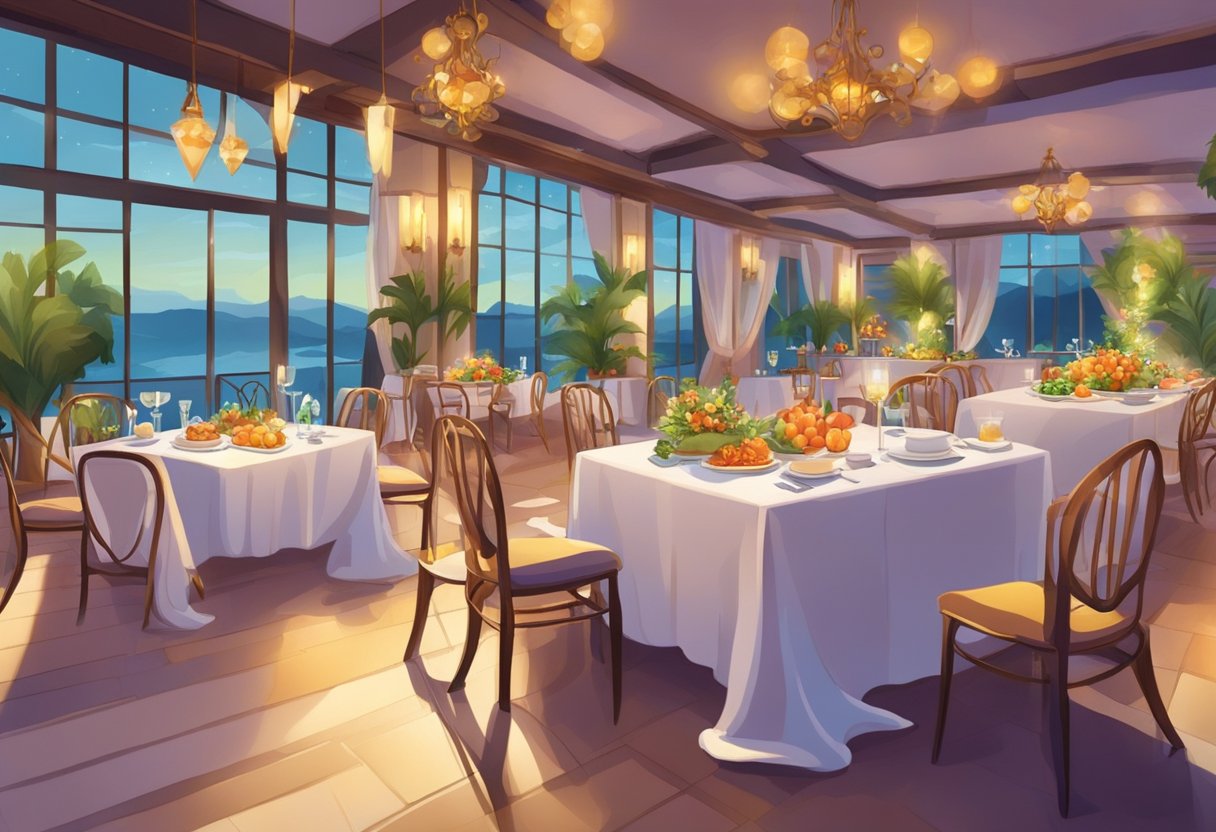 Tables adorned with elegant tablecloths, surrounded by chairs, with a variety of delectable dishes and drinks arranged neatly on top. A festive atmosphere with colorful decorations and soft lighting