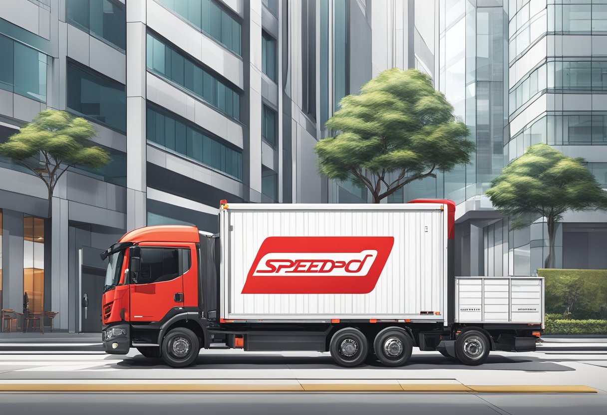 A Speedpost delivery truck pulls up to a modern Singaporean building, with the iconic red and white logo prominently displayed