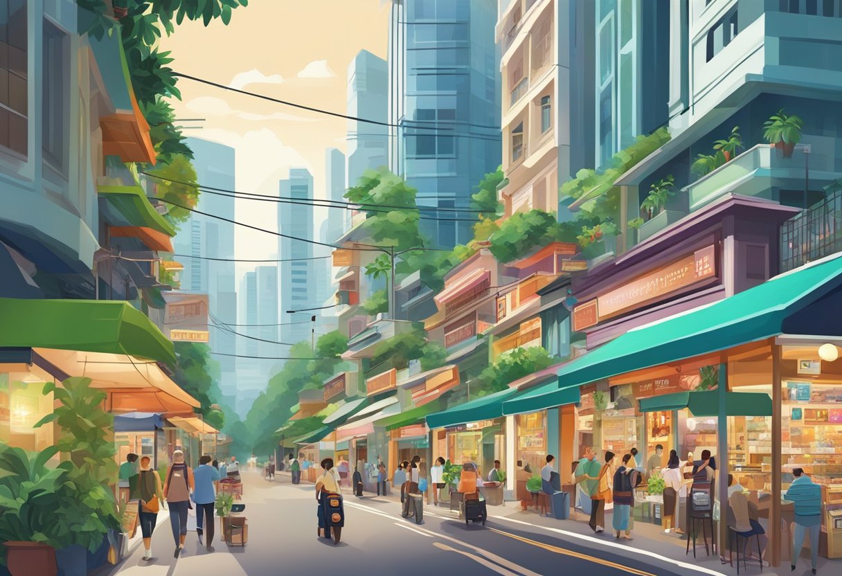 A bustling street in Singapore, with colorful shop fronts and vibrant signage, surrounded by lush greenery and modern architecture