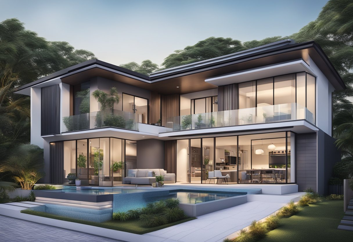 A sleek, modern home in Singapore with automated lights, security cameras, and voice-activated appliances