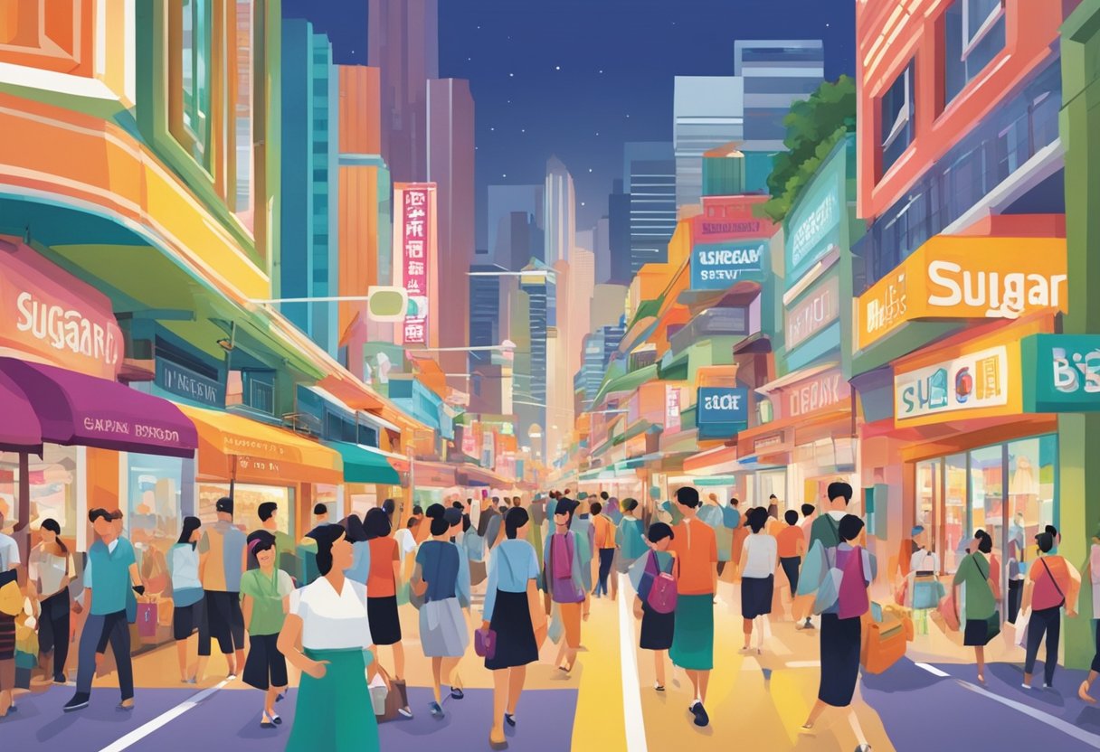 A bustling street in Singapore, with colorful shopfronts and bustling crowds, a sign reading "Sugarbook" in bold letters, capturing the vibrant energy of the city
